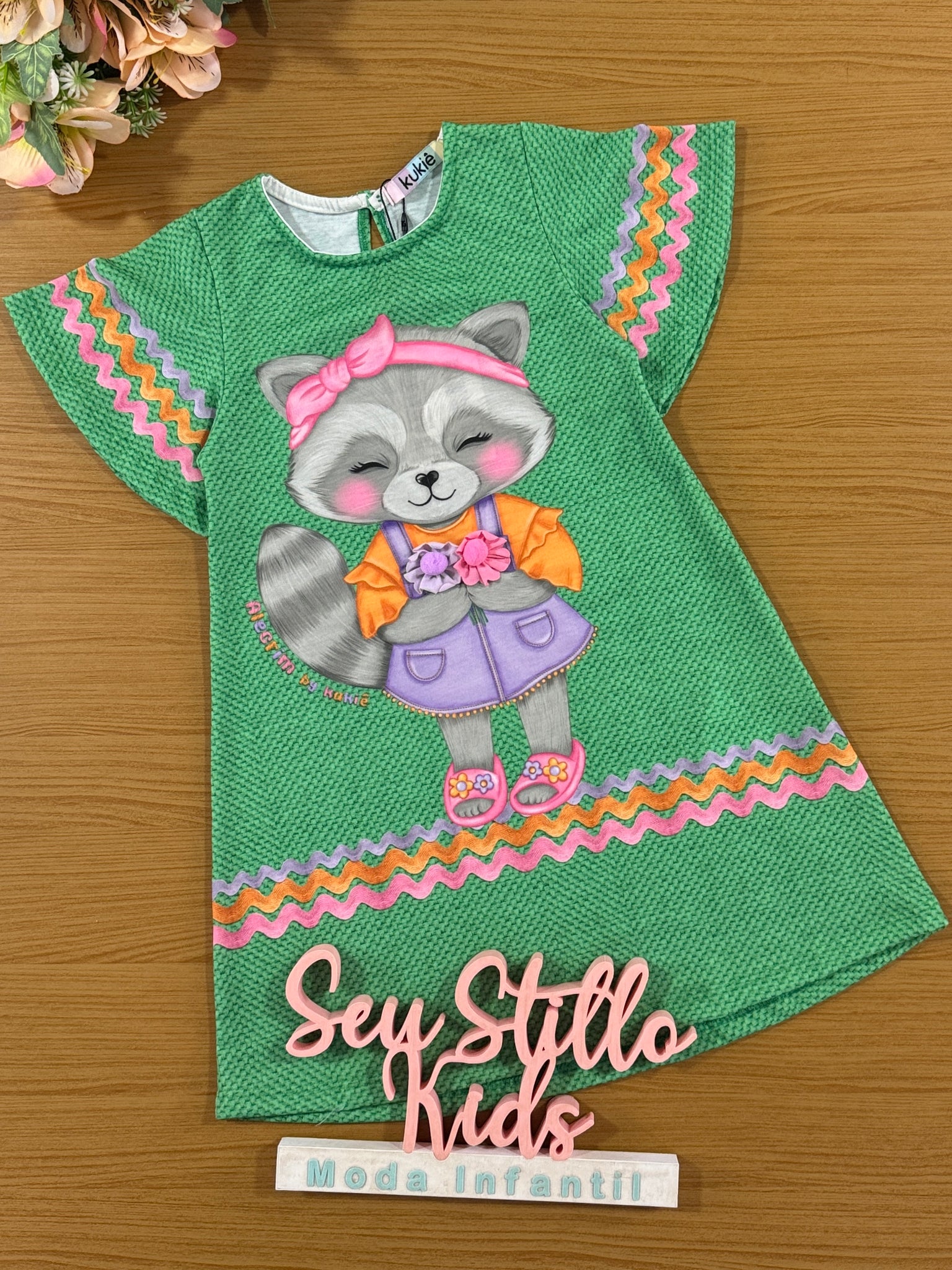 Vestido Infantil Kukie Verão Verde Guaxinim