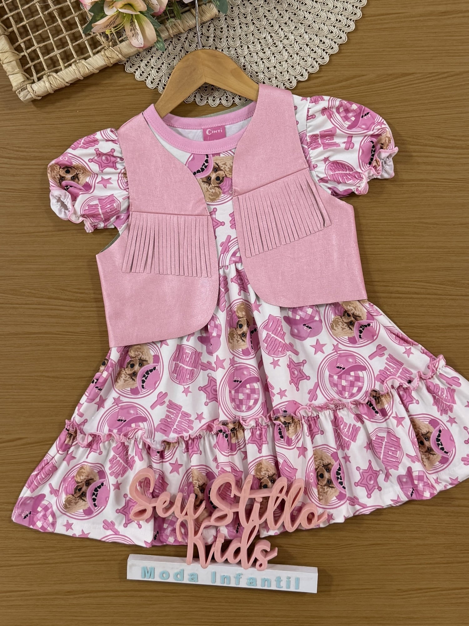 Vestido Infantil Cinti Verão Rosa Cachorrinha Cowboy com Colete