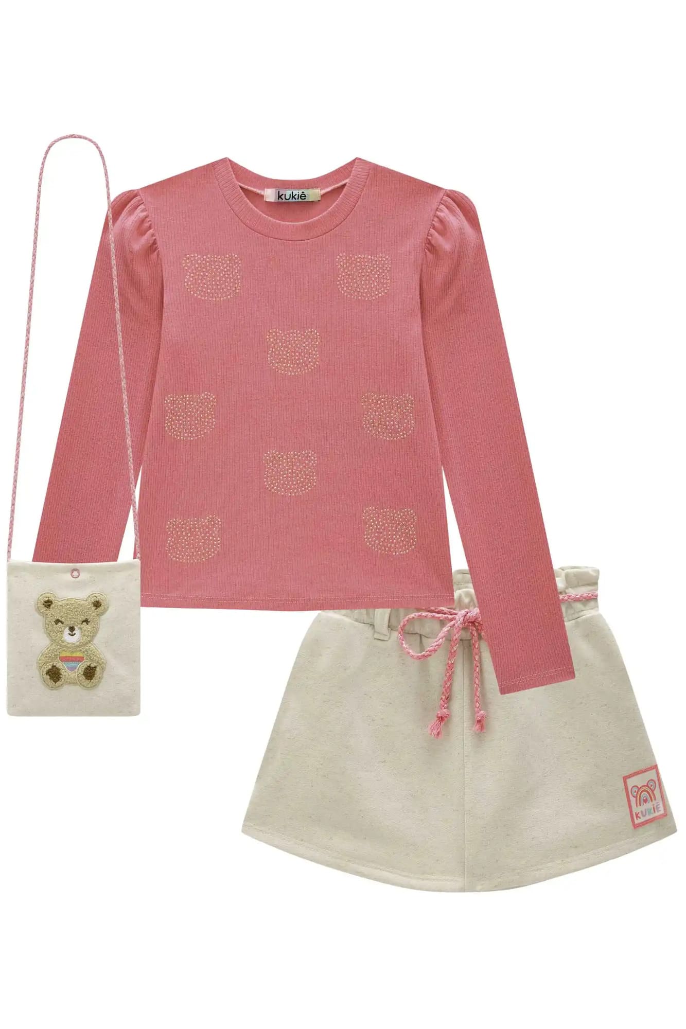 Conjunto Infantil Kukiê Inverno Short Saia e Blusa Rosa Brilhos com Bolsinha