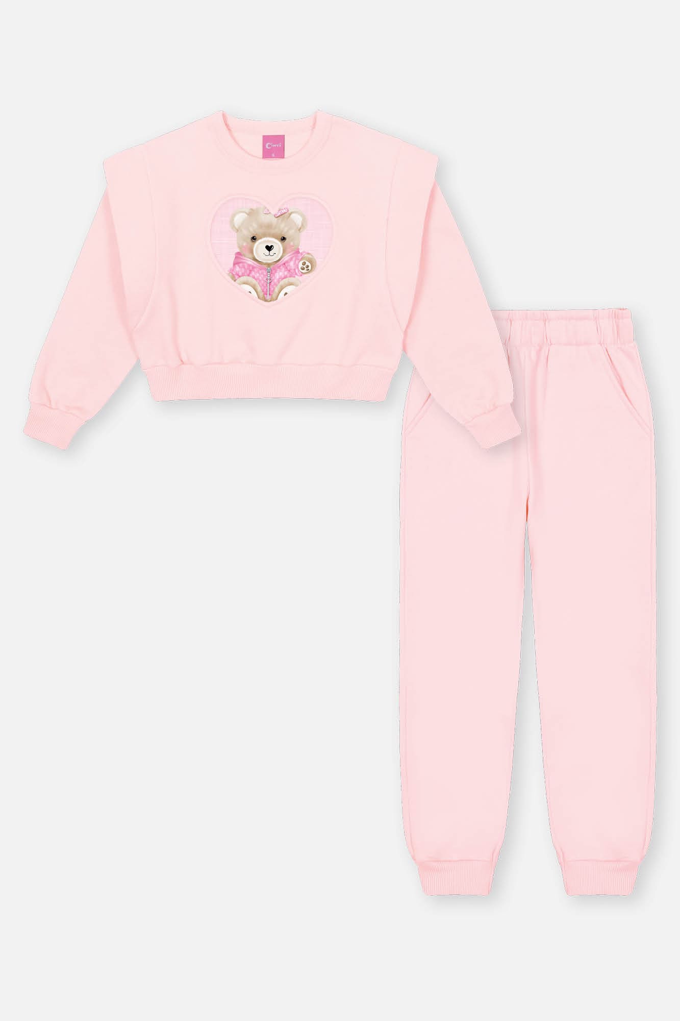 Conjunto Infantil Cinti Inverno Calça e Moletom Flanelado Rosa Ursinho Coração