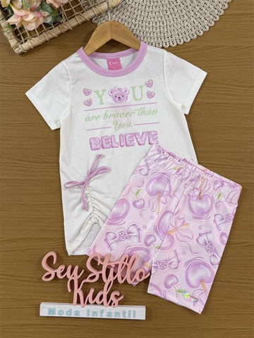 Conjunto Infantil Cinti Verão com Shorts Ciclista Lilás e Blusa Branca Ursinha Believe