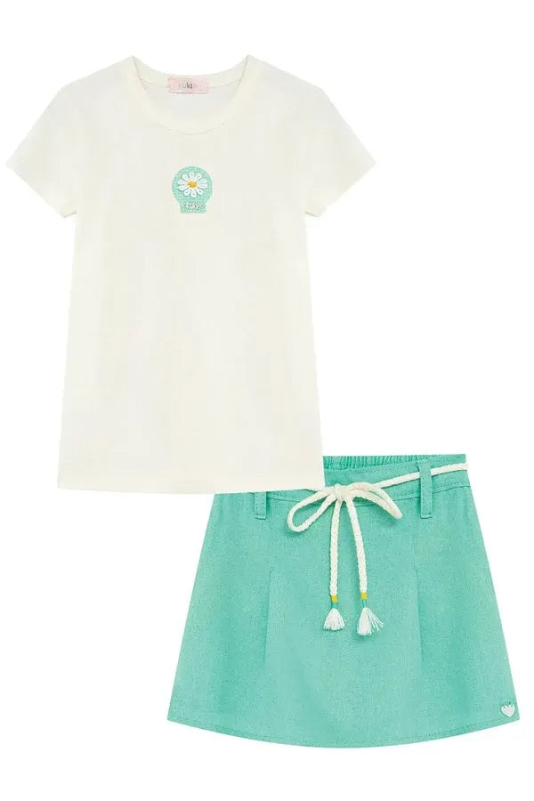 Conjunto Infantil Menina Kukiê com Shorts Saia Verde e Blusa Florzinha