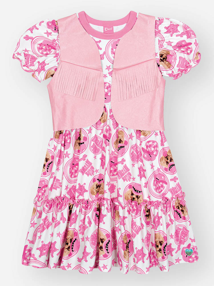 Vestido Infantil Cinti Verão Rosa Cachorrinha Cowboy com Colete