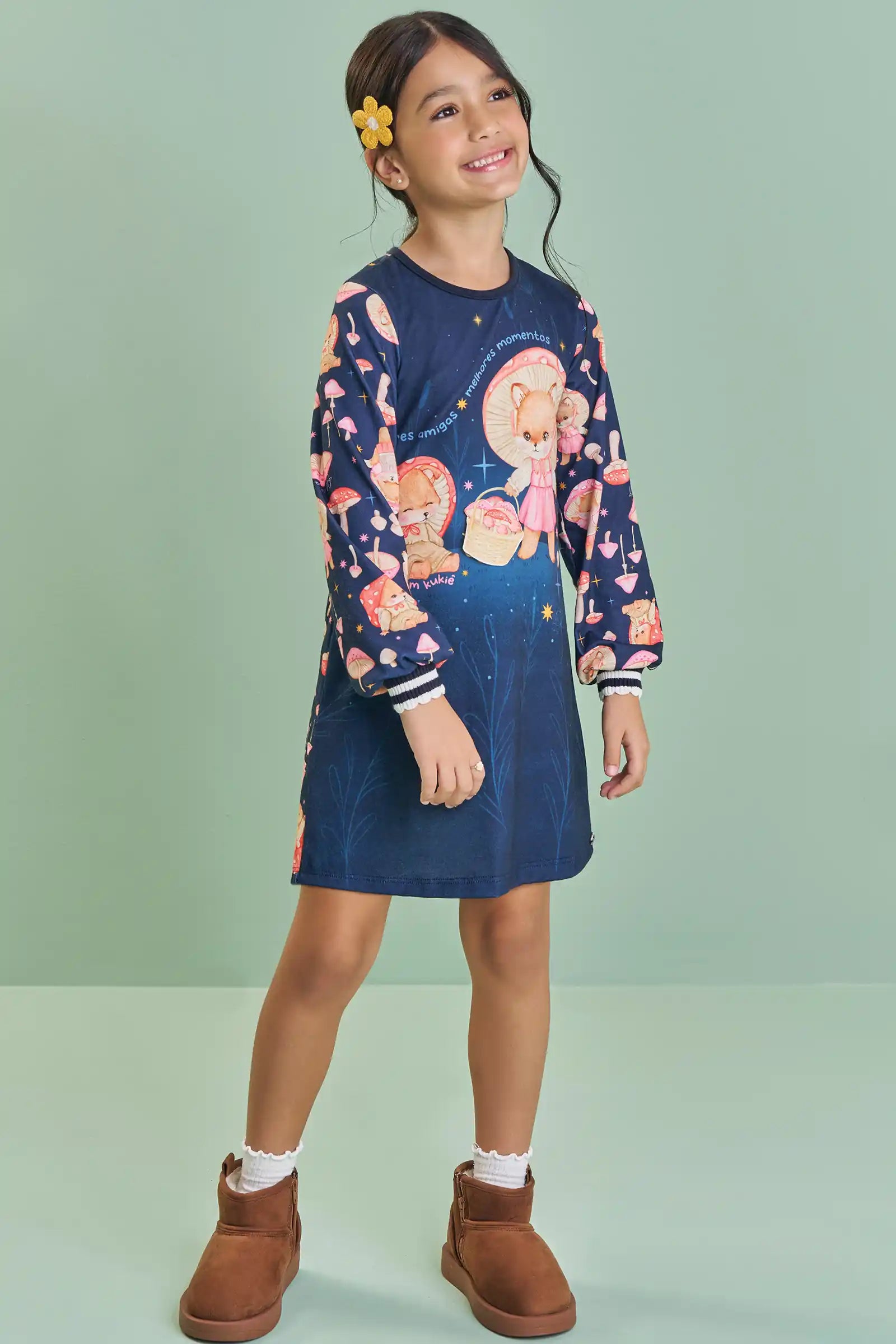 Vestido Infantil Kukiê Inverno Azul Marinho Raposinha Cogumelo