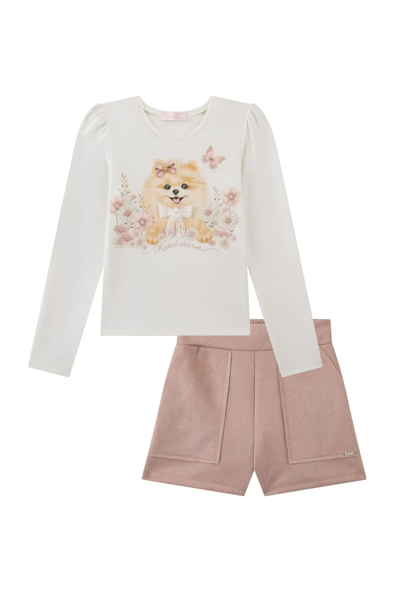 Conjunto Infantil Kukiê Inverno com Shorts Rosa e Blusa Manga Longa Cachorrinha Lacinho