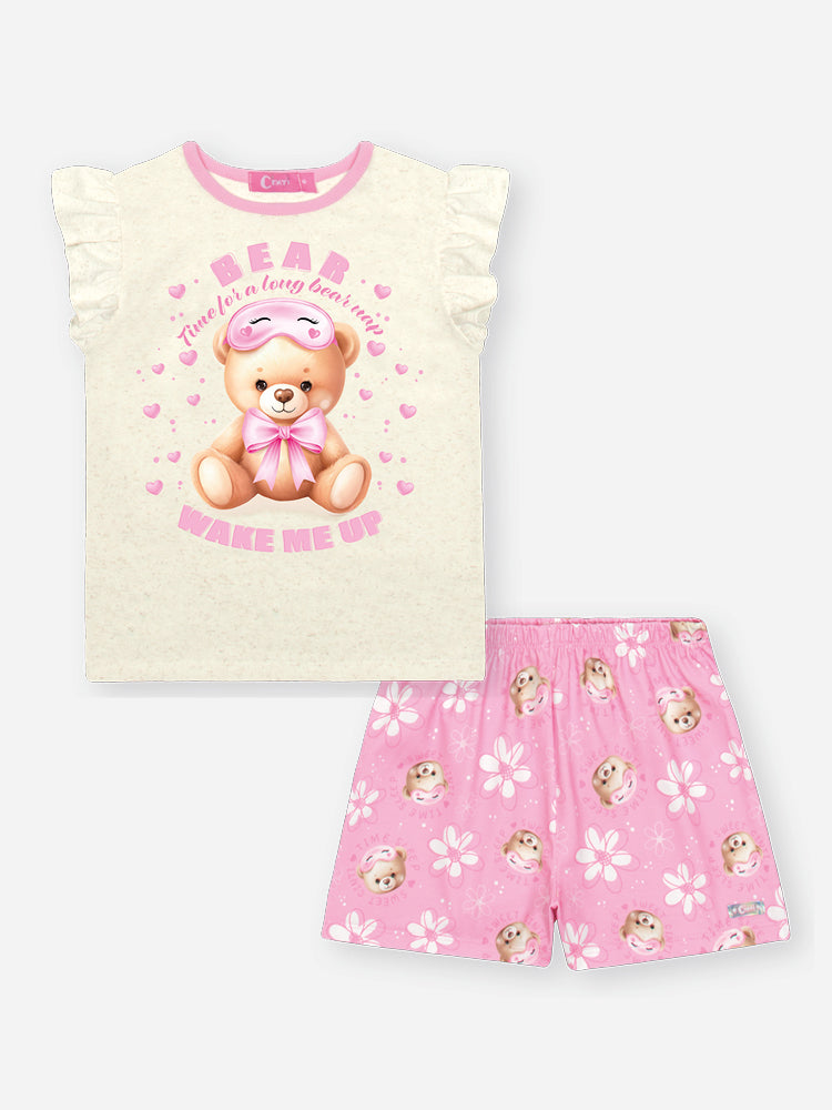Pijama Infantil Cinti Verão Shorts Rosa e Blusa Off White Ursinho Wake Me Up