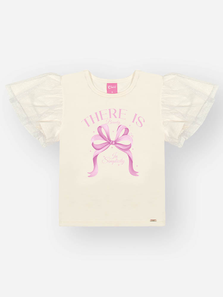 Conjunto Infantil Cinti Verão com Saia em Tule Lilás e Blusa Branca Lacinho