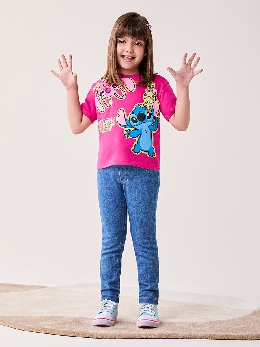 Blusa Infantil Bimbi Inverno Manga Curta Rosa Stitch e Angel Friends Disney