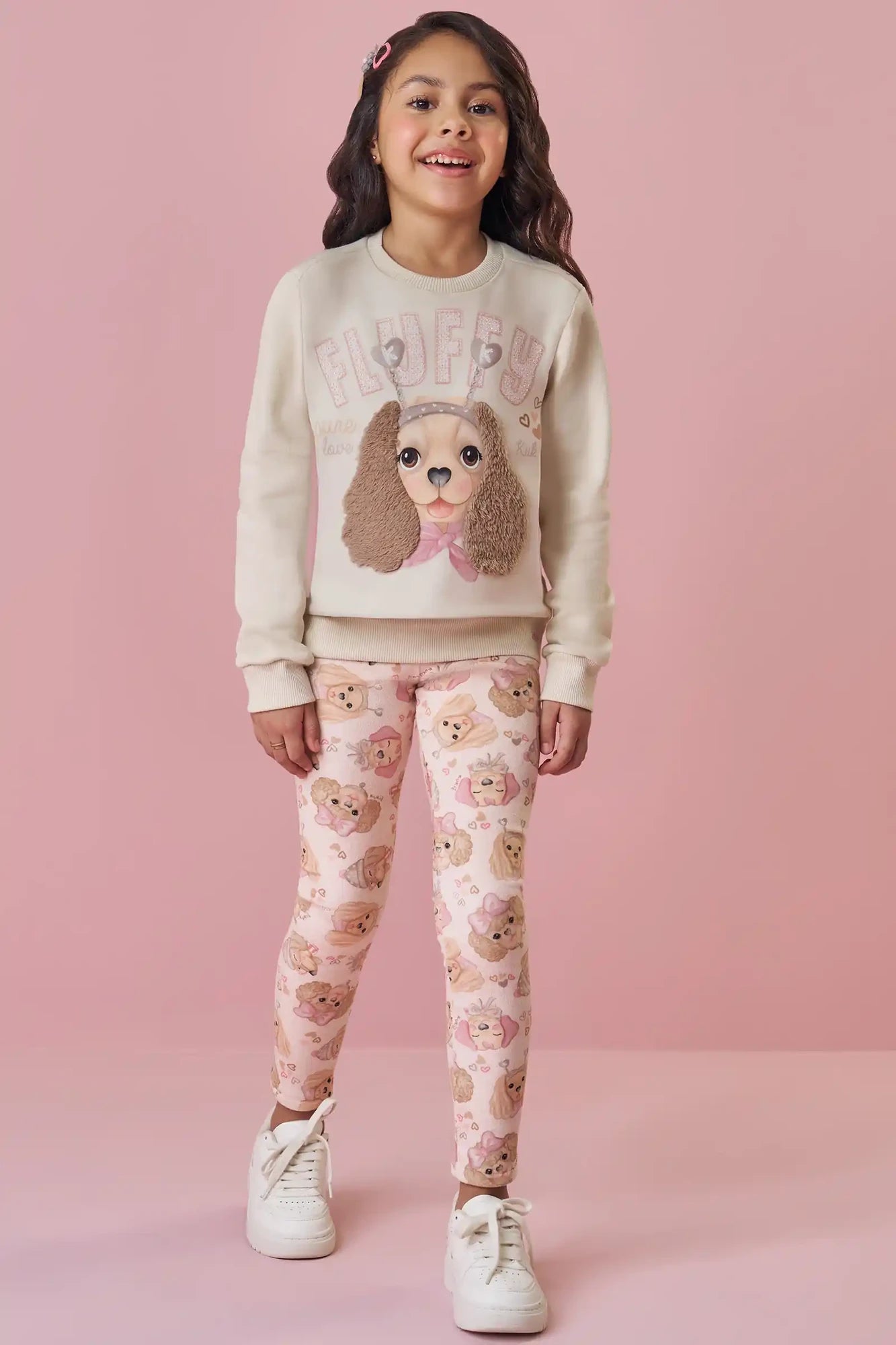 Conjunto Infantil Kukiê Inverno com Calça Legging e Moletom Flanelado Bege Cachorrinha Fluffy
