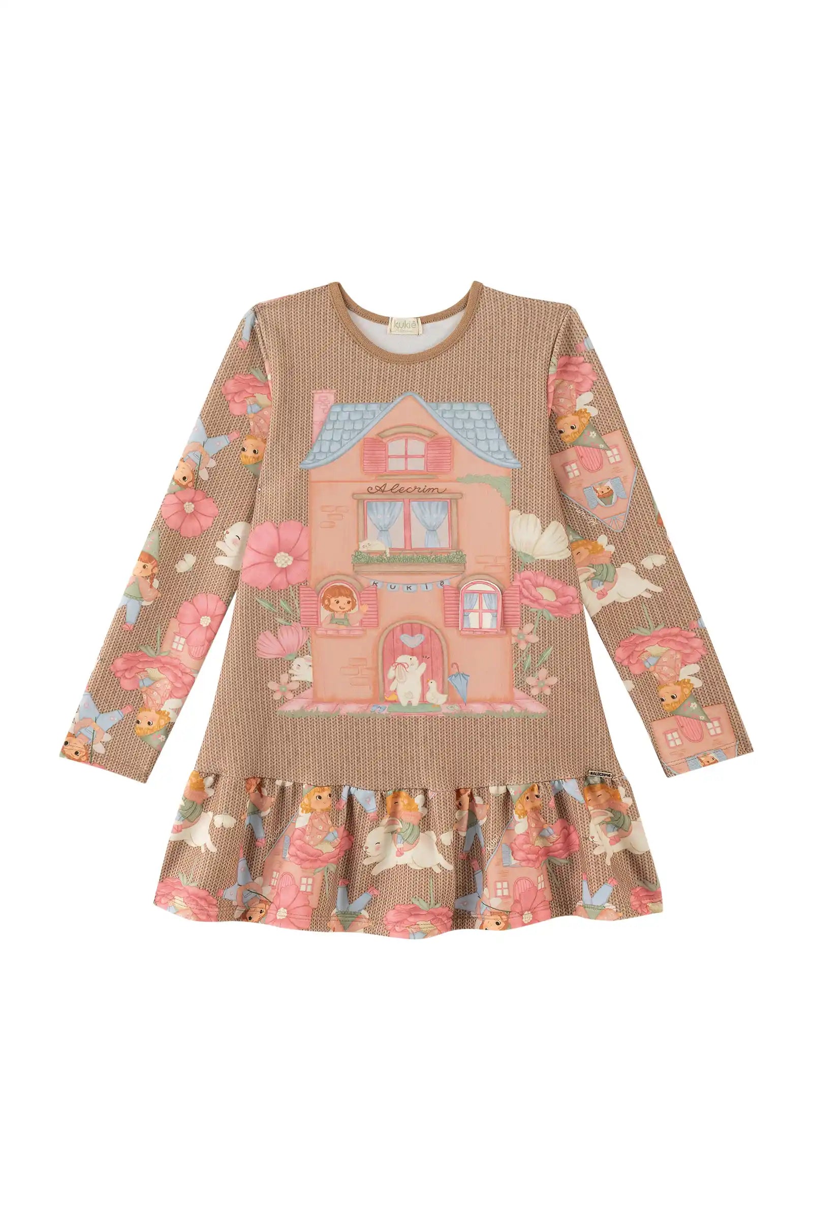 Vestido Infantil Kukiê Inverno Bege Casinha