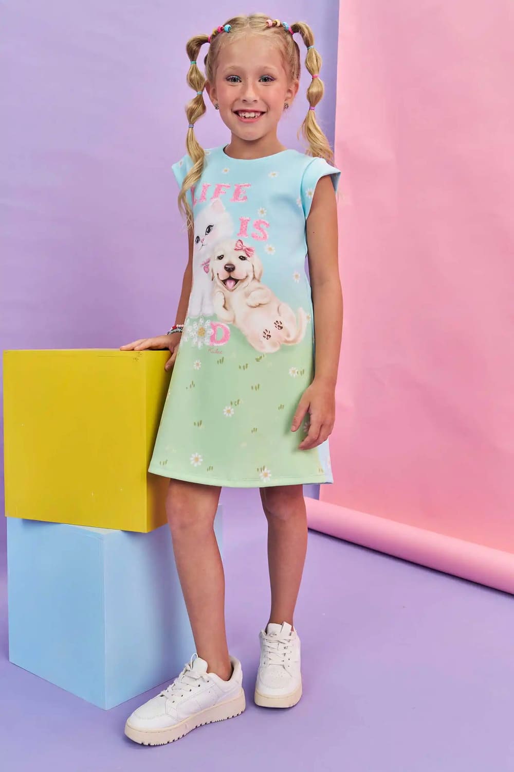 Vestido Infantil Kukie Verão Azul Animais