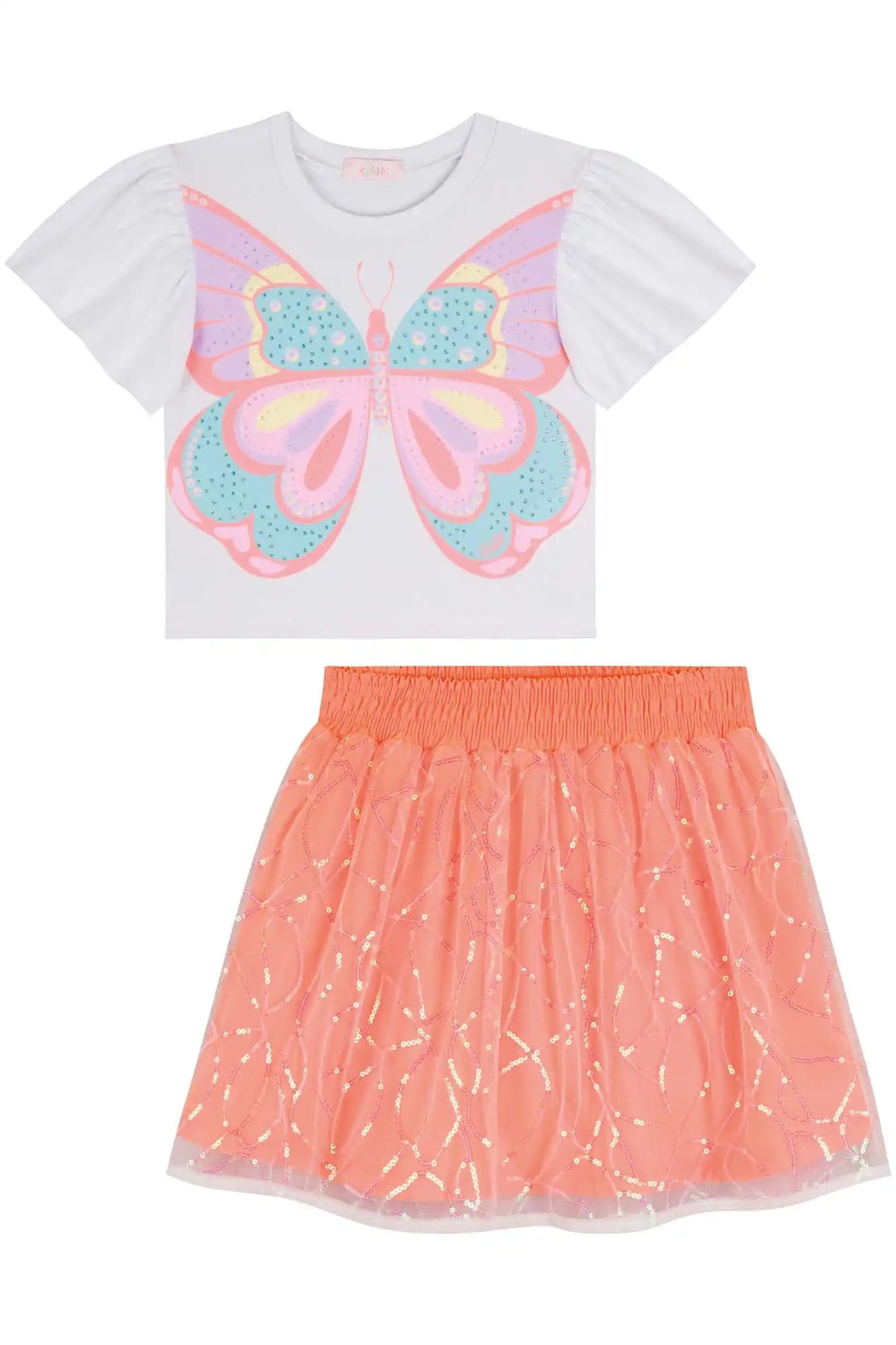 Conjunto Infantil Kukiê Verão com Saia Laranja e Blusa Branca Borboleta