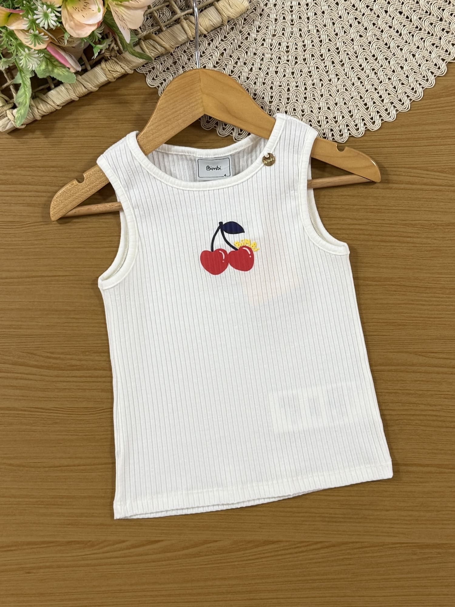 Conjunto Infantil Bimbi Verão com Saia Listrada e Regata Branca Cerejinha
