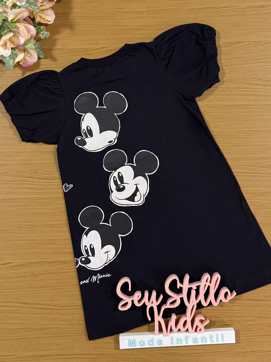 Vestido Infantil Animê Inverno Manga Curta Preto Minnie e Mickey Disney