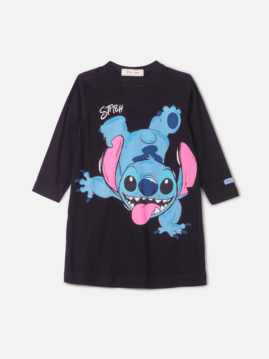 Vestido Infantil Inverno Preto Stitch com Strass