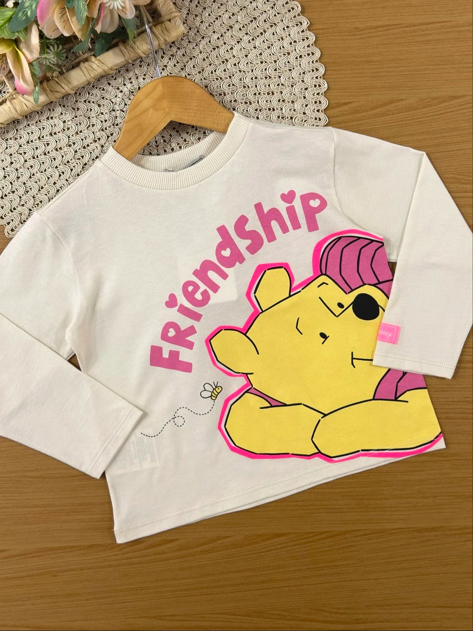 Conjunto Infantil Bimbi Inverno com Shorts Rosa e Blusa Manga Longa Pooh Friendship