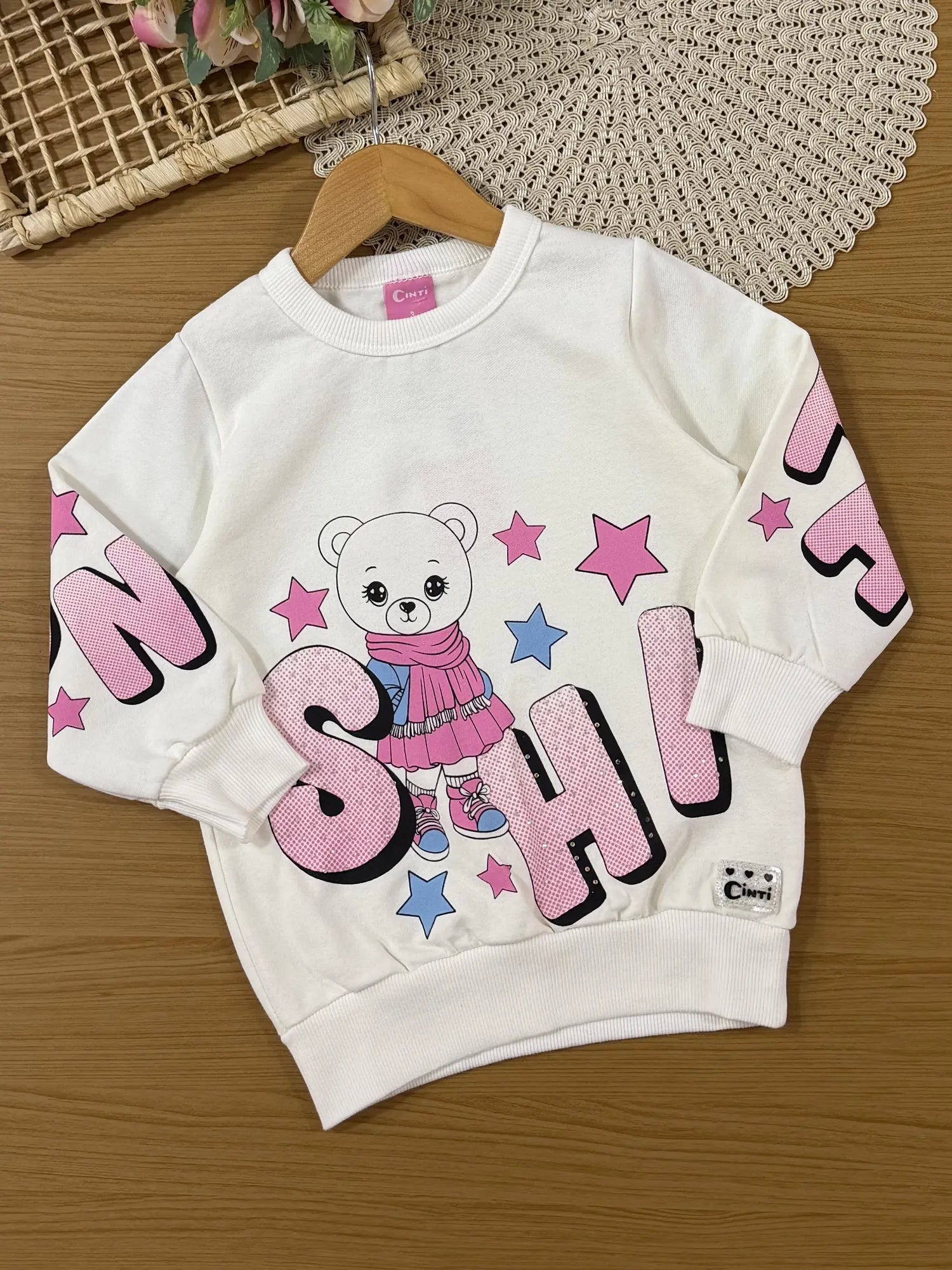 Conjunto Infantil Cinti Inverno Com Calça Preta e Moletom Flanelado Ursinha
