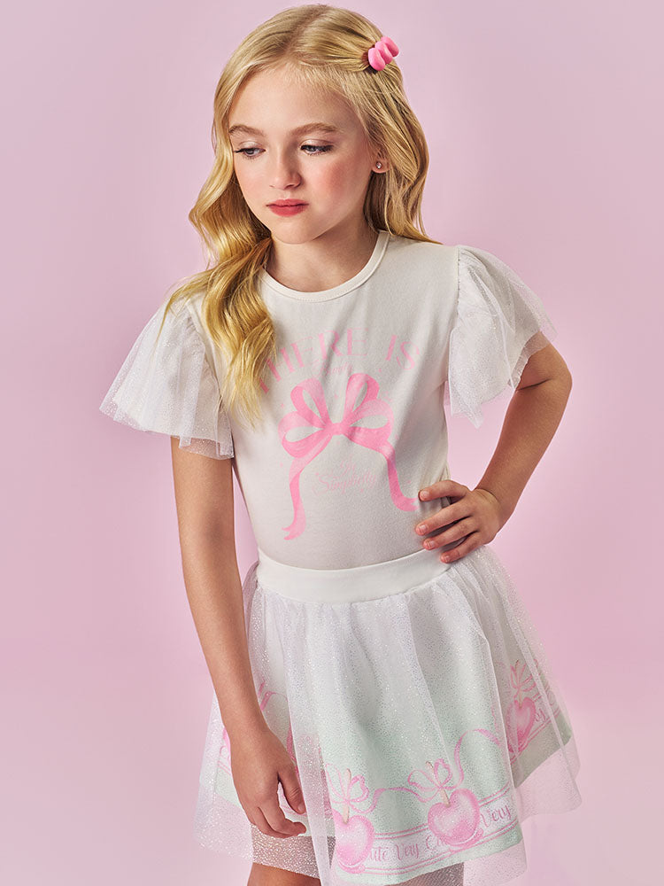 Conjunto Infantil Cinti Verão com Saia em Tule Verde e Blusa Branca Lacinho