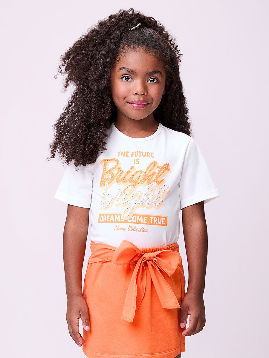 Conjunto Infantil Momi Verão Shorts Saia Laranja e Blusa com Strass