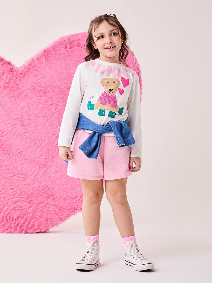 Conjunto Infantil Bimbi Inverno com Shorts Rosa  e Blusa Manga Longa Cachorrinha Funny