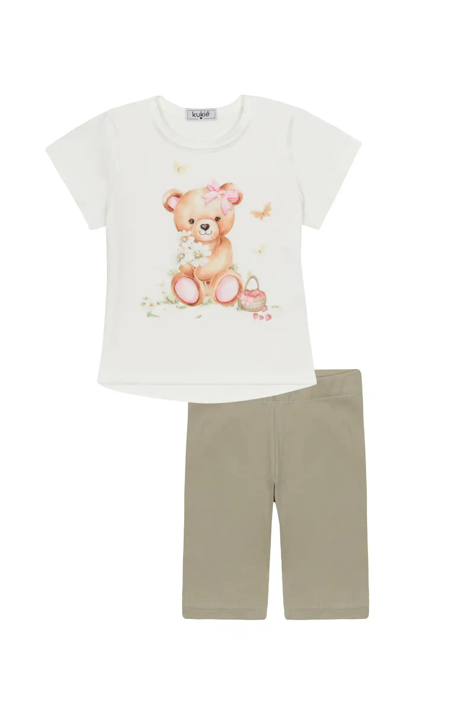 Conjunto Infantil Kukiê com Shorts Ciclista Verde e Blusa Manga Curta Ursinho Floral