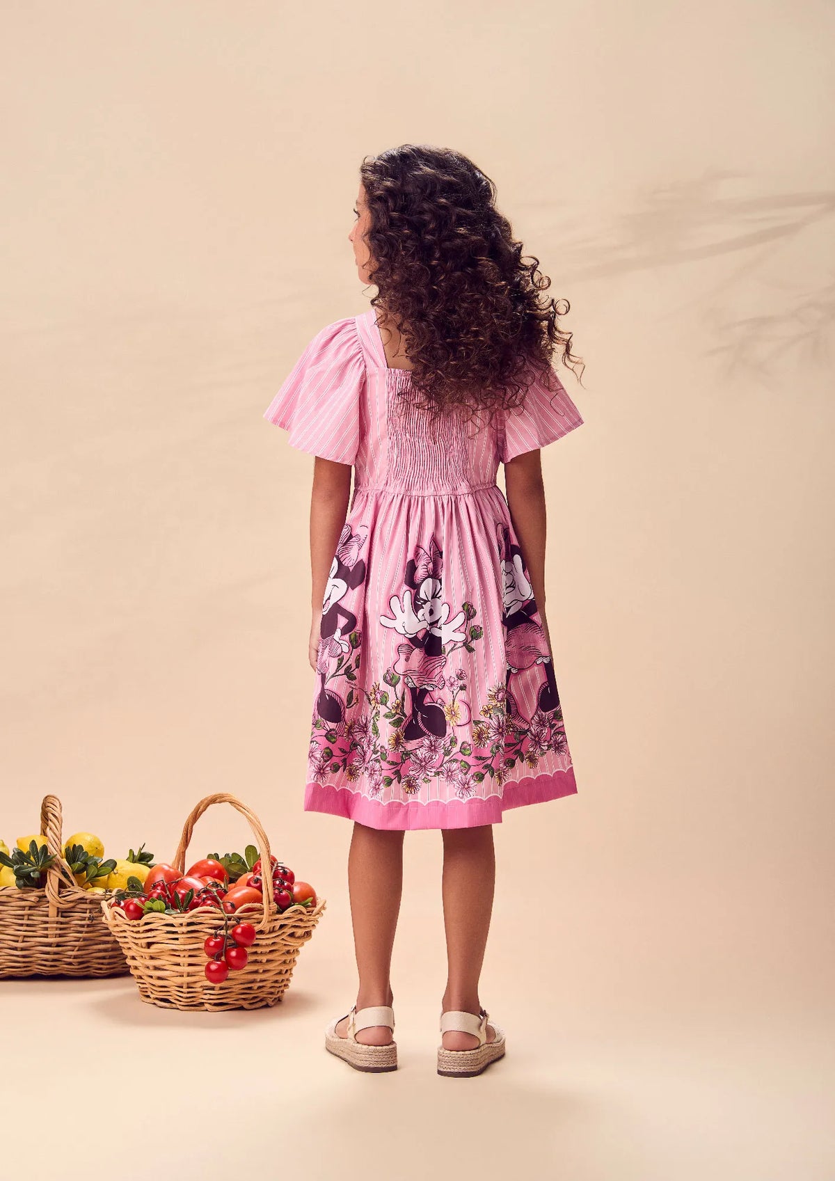 Vestido Infantil Animê Listrado Rosa Minnie Flores Disney