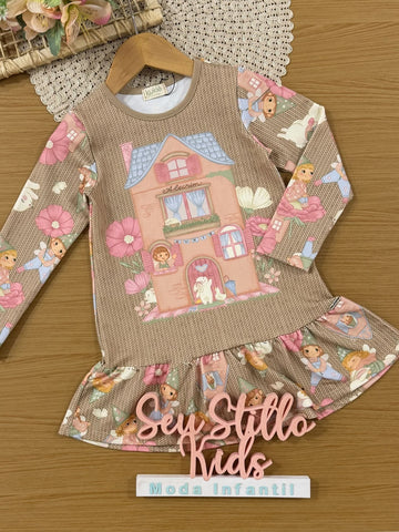 Vestido Infantil Kukiê Inverno Bege Casinha