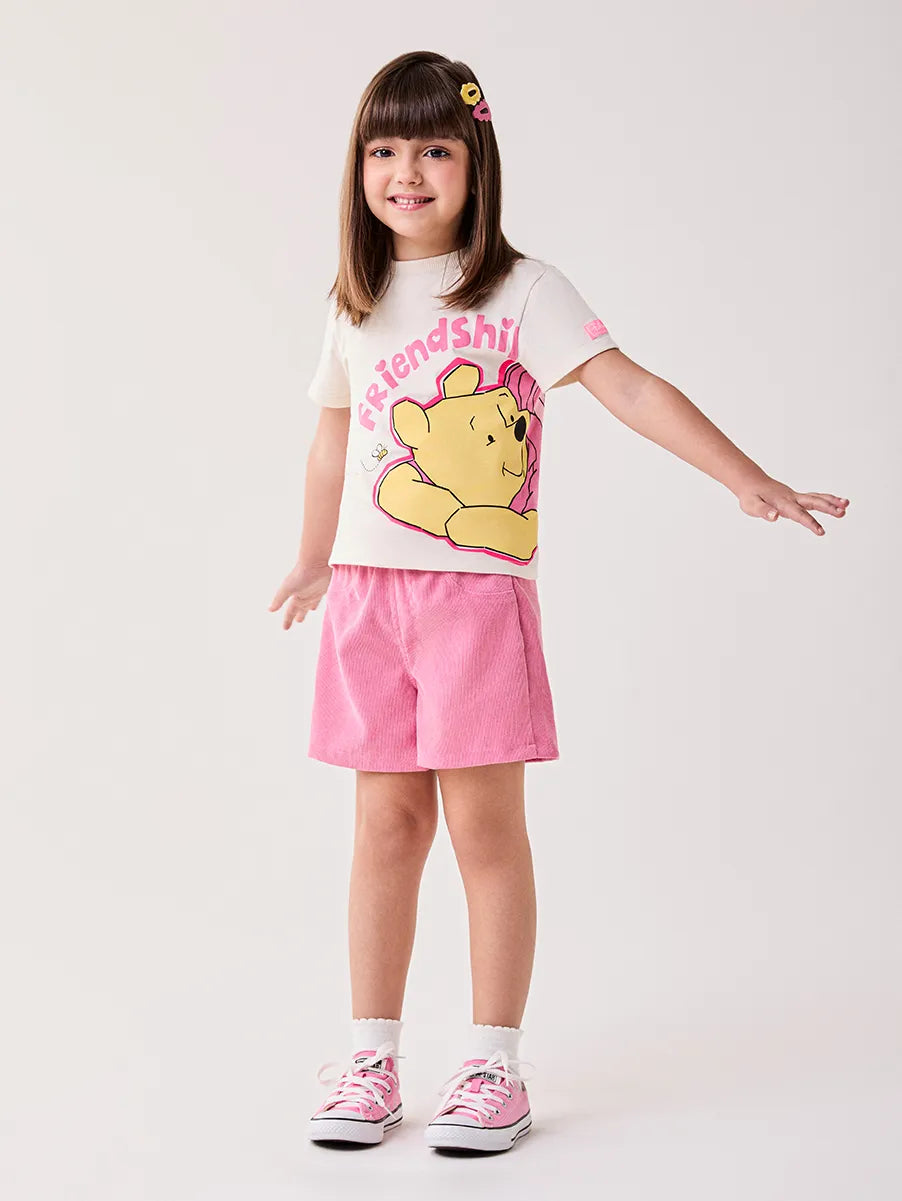 Conjunto Infantil Bimbi Inverno com Shorts Rosa e Blusa Bege Manga Curta Ursinho Pooh Friends