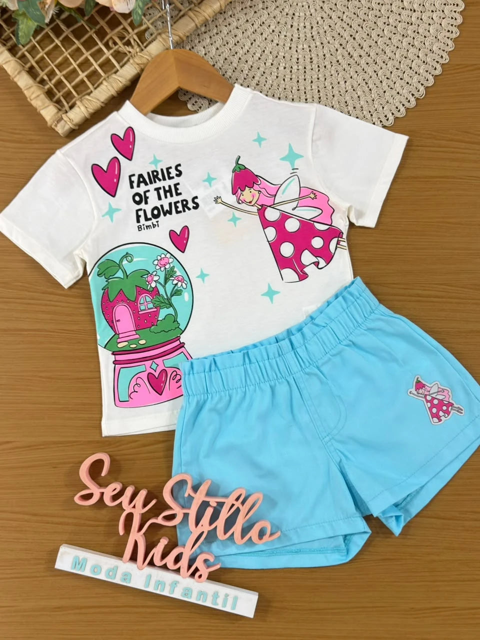 Conjunto Infantil Menina Bimbi Shorts Azul e Blusa Fadinha