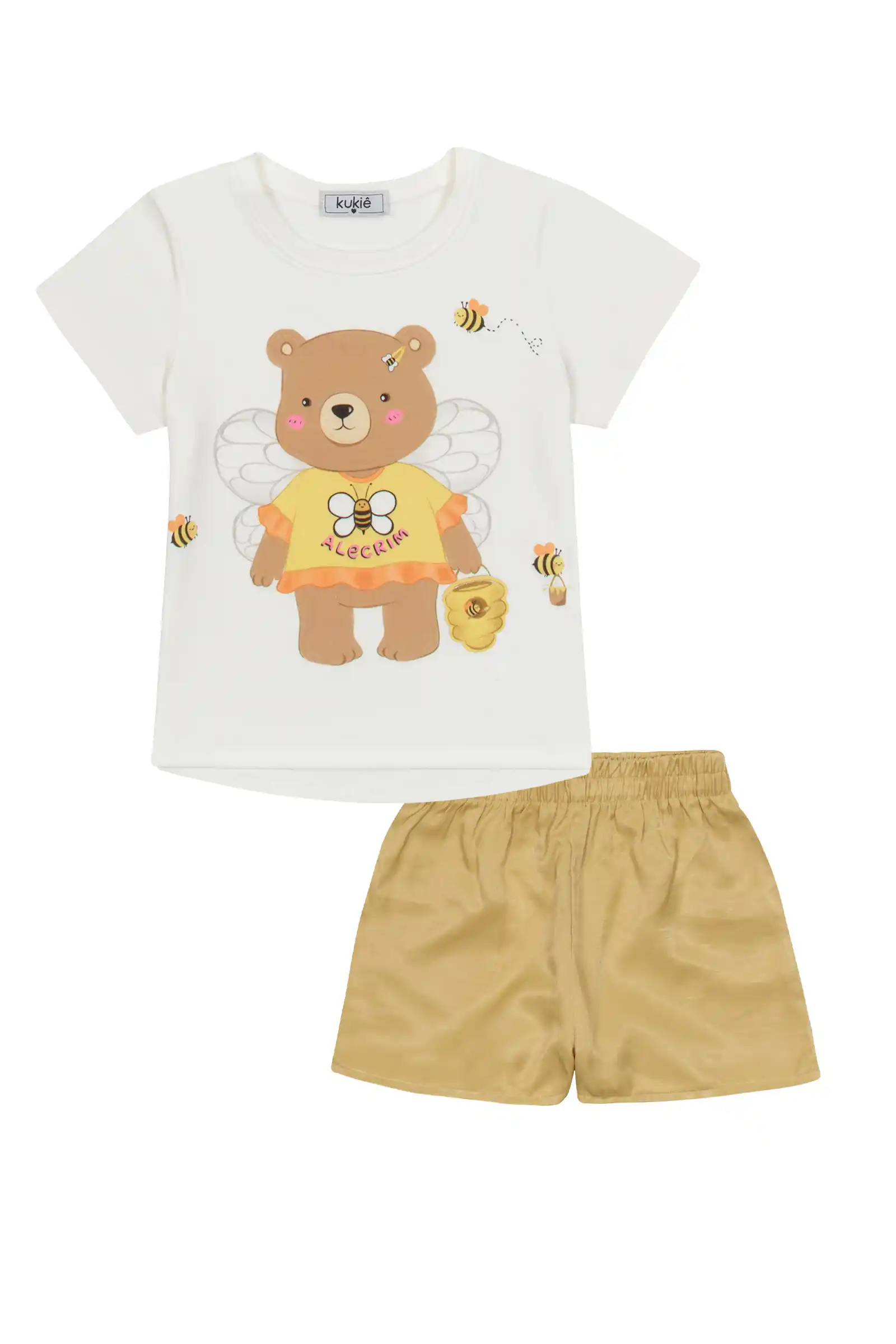 Conjunto Infantil Kukiê com Shorts Amarelo e Blusa Manga Curta Ursinho Abelhinha