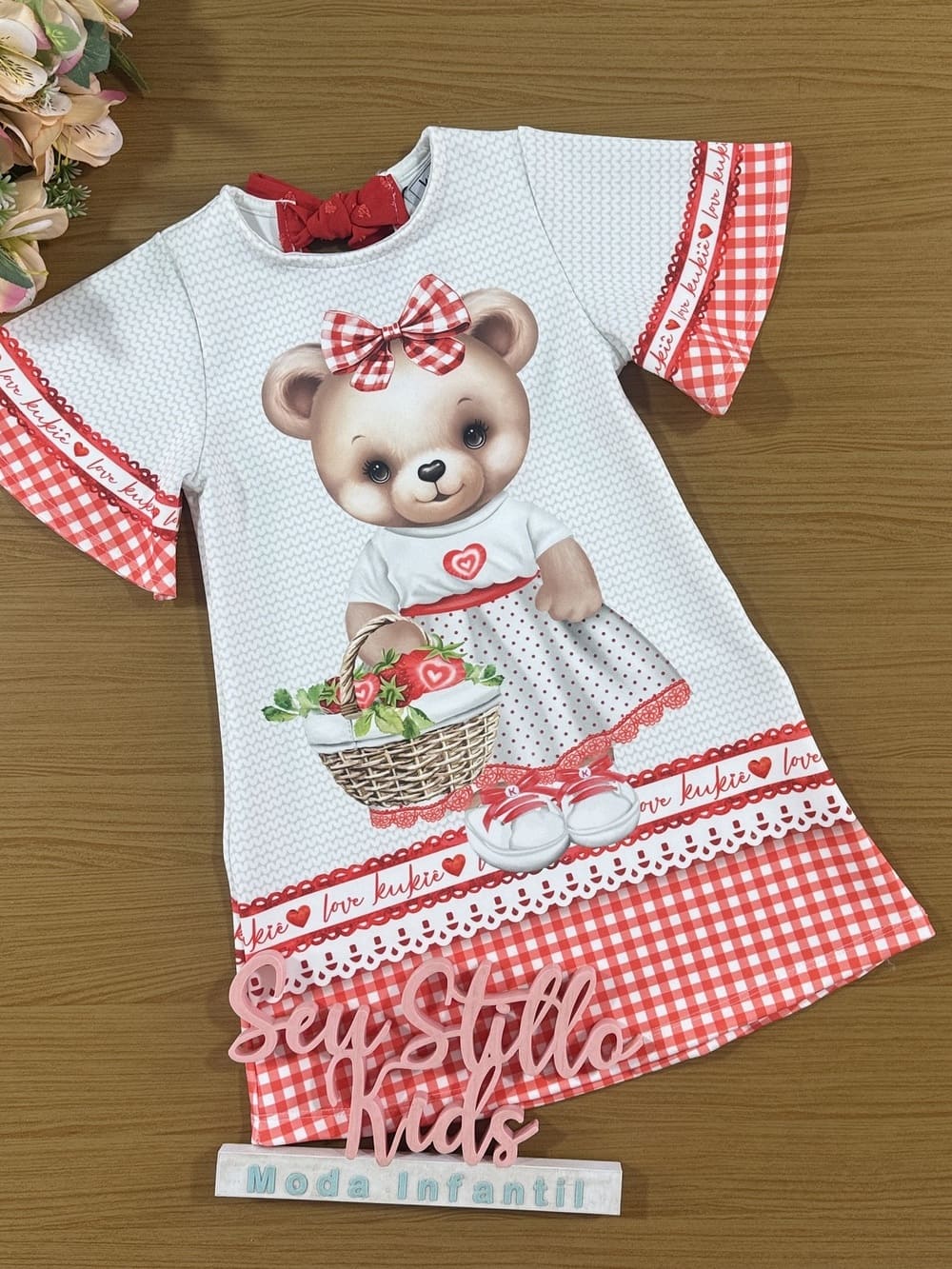 Vestido infantil Kukie Verão Xadrez Vermelho Ursinha