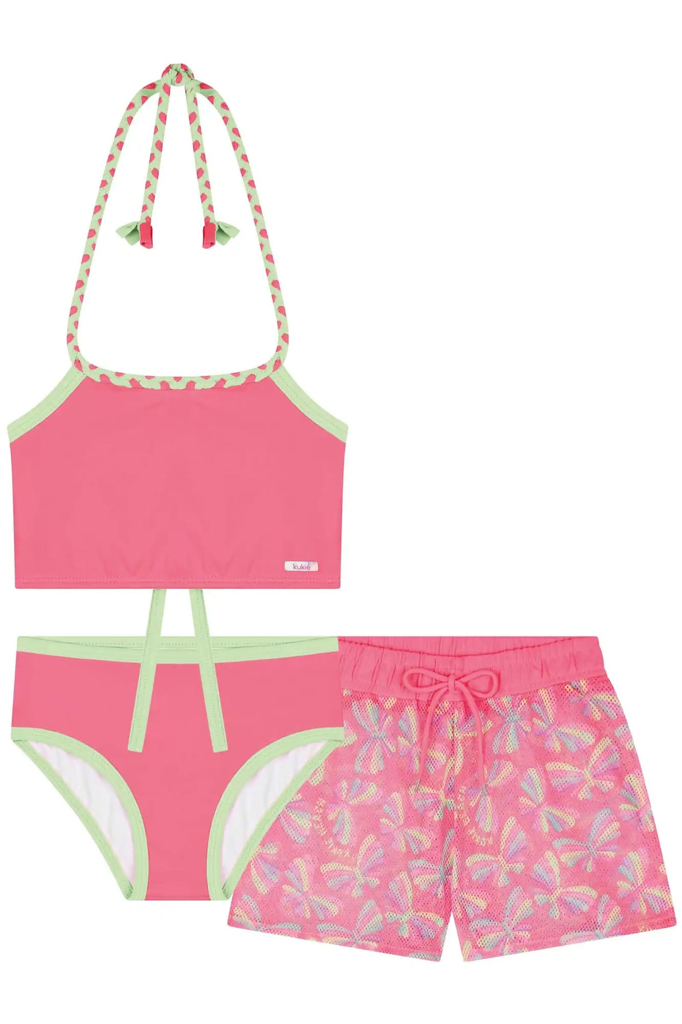 Biquíni Infantil Kukiê Verão Rosa com Saída de Praia em Tule Borboleta