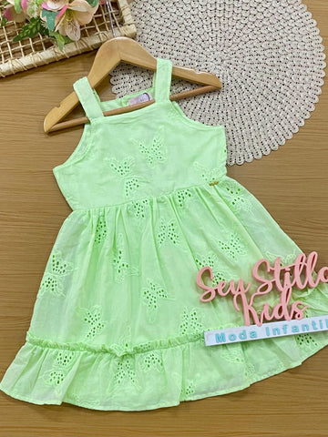 Vestido Infantil Kukiê Verde Borboletas Bordadas