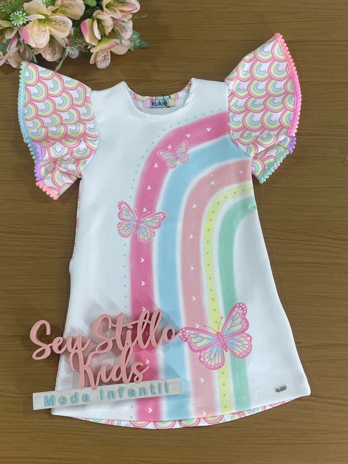 Vestido Infantil Kukie Verão Branco Borboletas Arco-íris