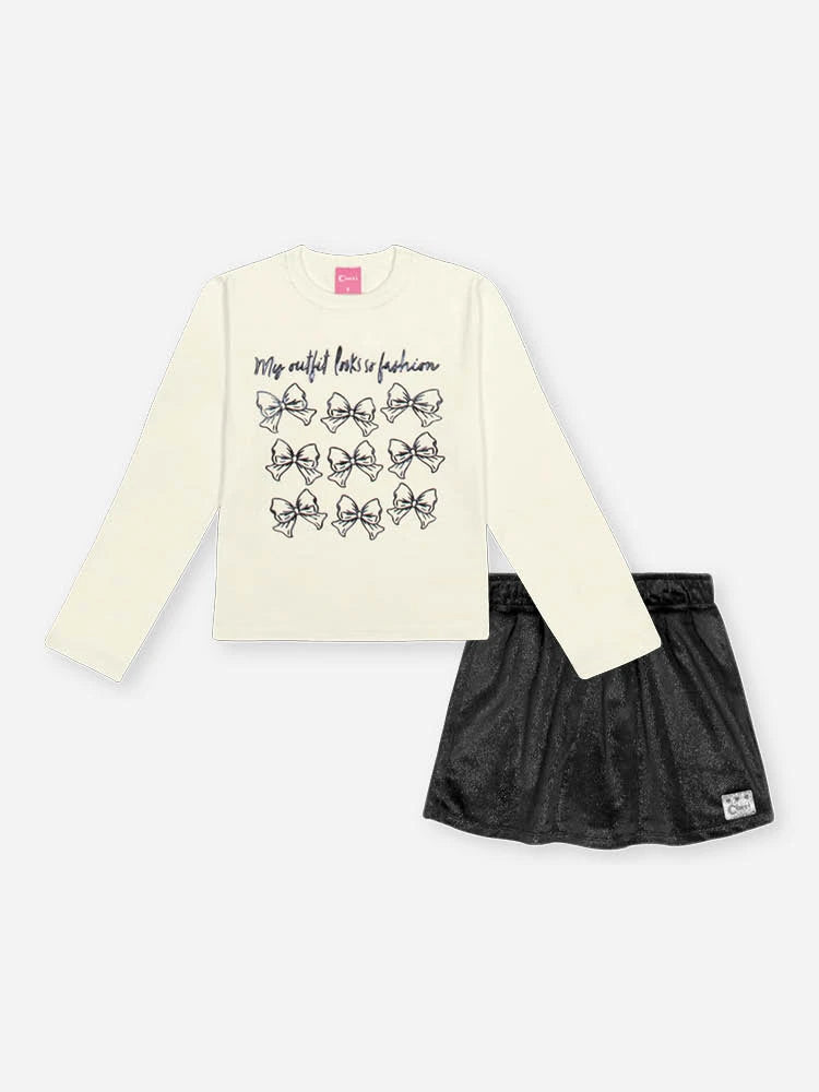 Conjunto Infantil Cinti Invernio com Shorts Saia Preta e Blusa Manga Longa Lacinhos