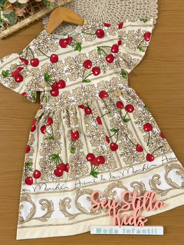 Vestido Infantil Animê Bege Cerejinhas