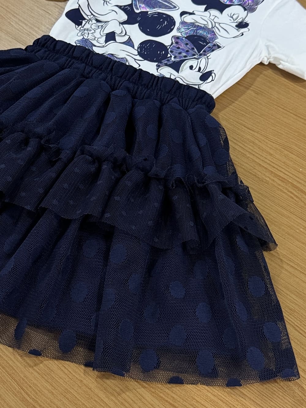 Conjunto Infantil Animê Verão Saia Marinho Tule e Blusa Minnie Disney