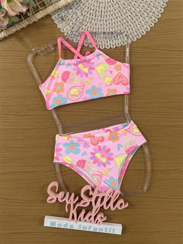 Biquíni Infantil Kukie Verão Rosa Bolinha de Tênis