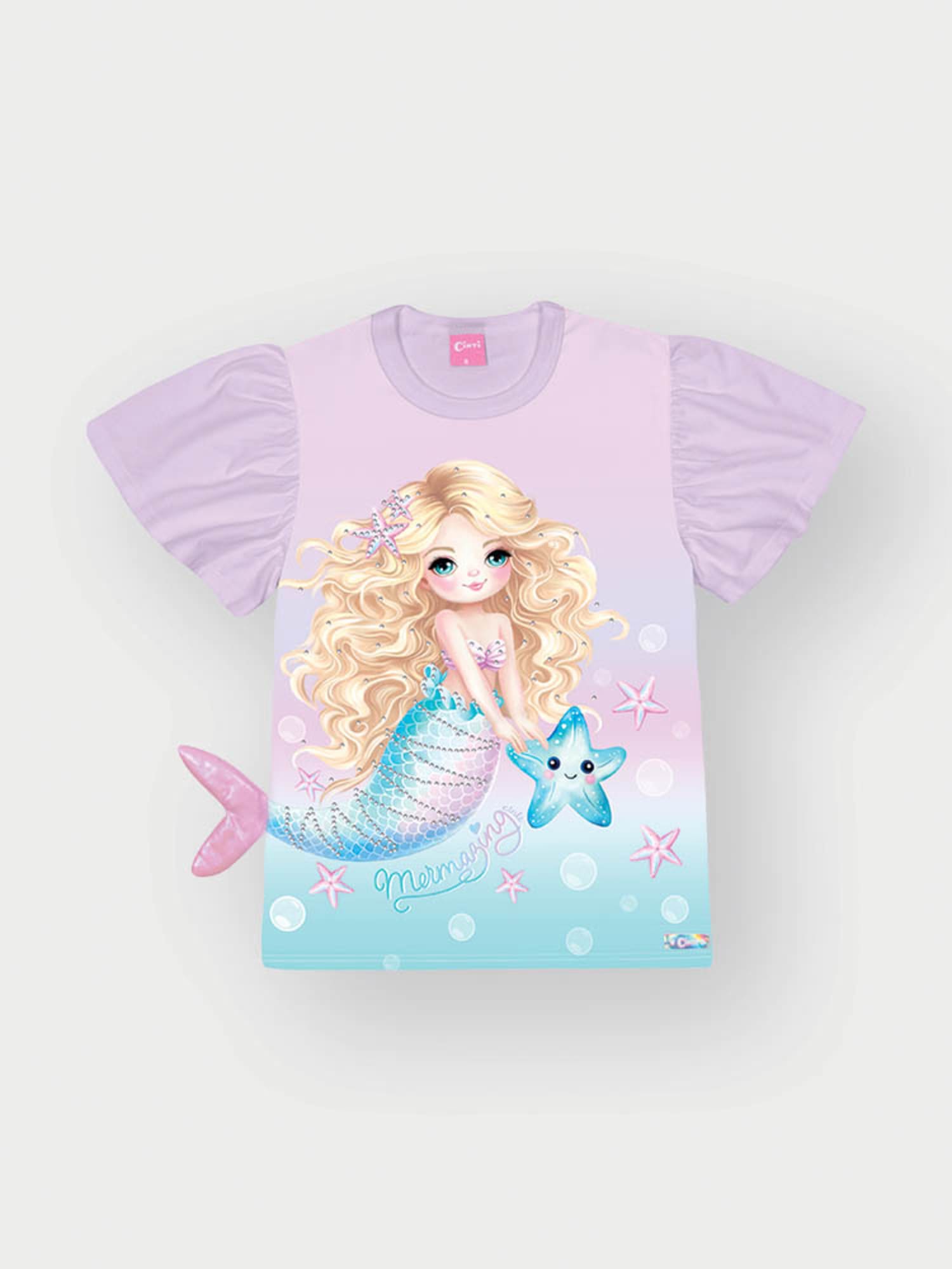 Conjunto Infantil Cinti Verão com Calça Holográfica e Blusa Lilás Sereia