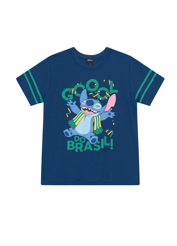 Blusa Infantil Brandili Inverno Manga Curta Azul Stitch Copa Brasil Disney