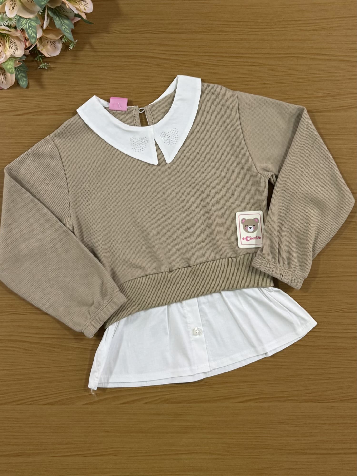 Conjunto Infantil Cinti Inverno com Calça e Casaco Bege com Strass