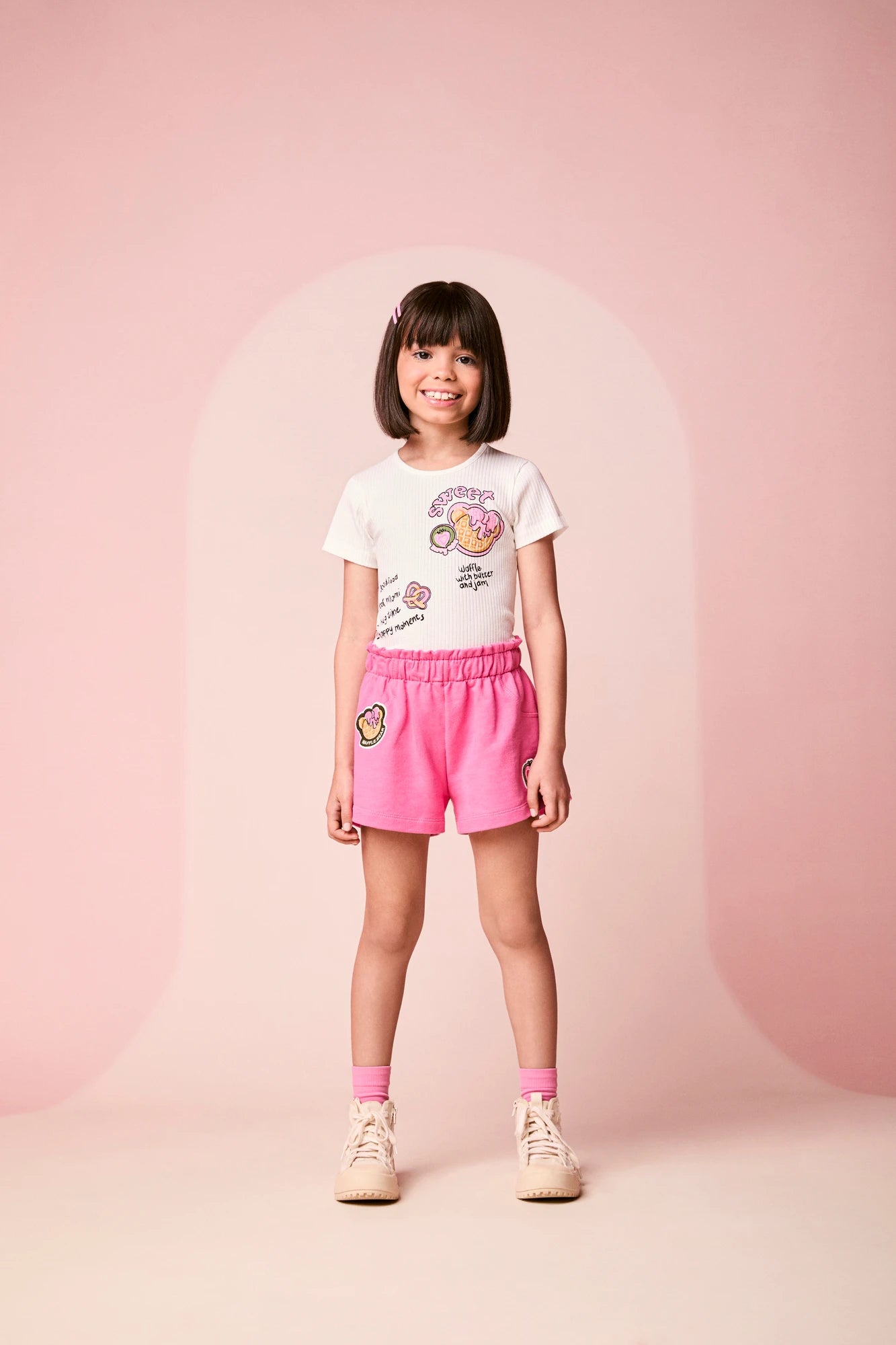 Conjunto Infantil Momi Inverno Shorts Rosa e Blusa Manga Curta Sweet