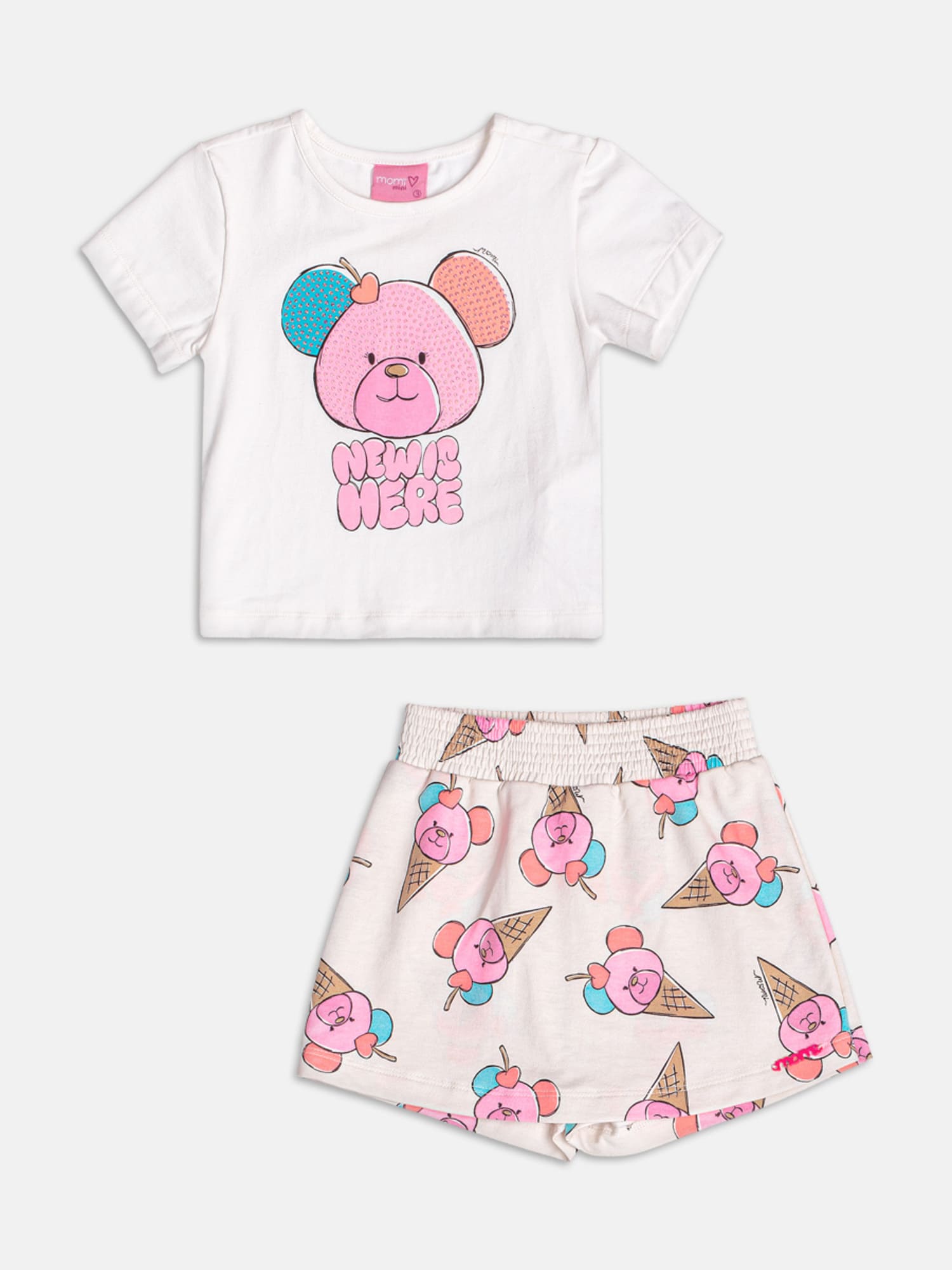 Conjunto Infantil Momi Verão com Shorts Saia Bege e Blusa Branca Ursinha com Strass
