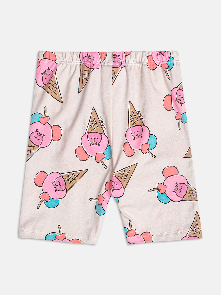 Conjunto Infantil Momi Verão com Shorts Ciclista Bege e Blusa Rosa Ursinho Sorvete