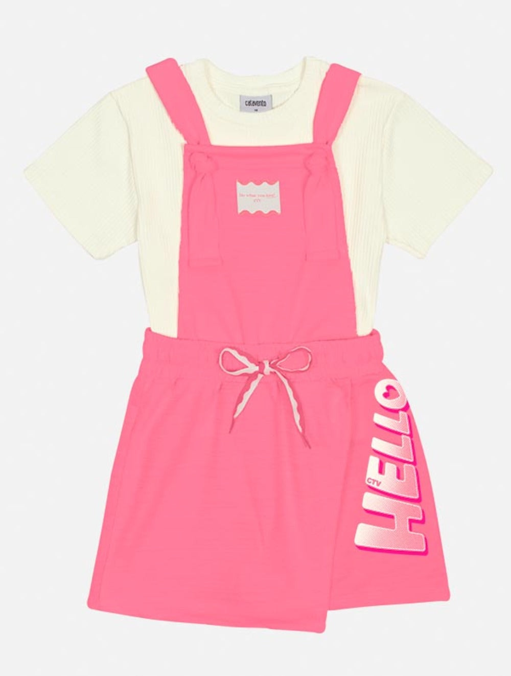 Jardineira Infantil Catavento Verão Rosa Hello e Blusa Off White