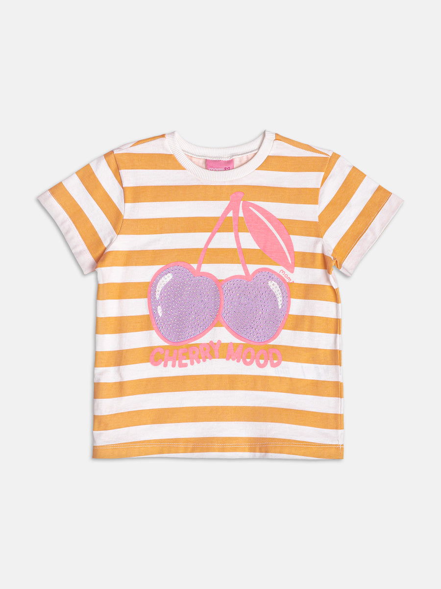 Conjunto Infantil Momi Verão com Shorts Ciclista e Blusa Laranja Listrada Cereja