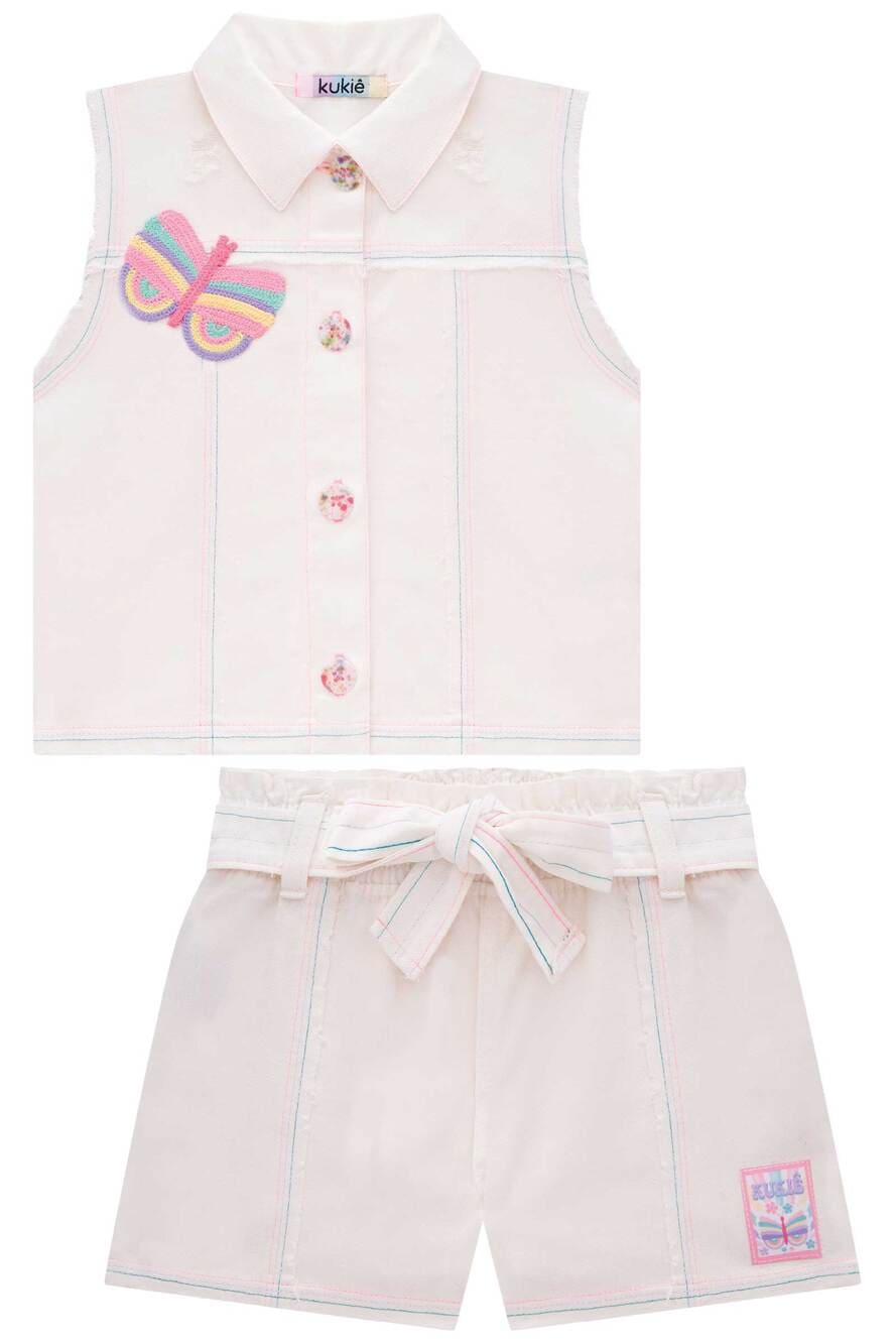 Conjunto Infantil Kukiê Verão Shorts e Colete Off White Borboleta