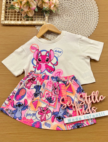 Conjunto Infantil Menina Bimbi com Saia e Blusa Bege Angel Aloha Disney