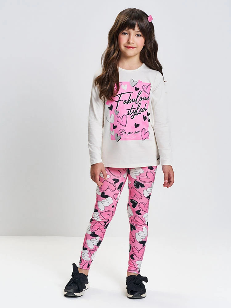 Conjunto Infantil Cinti Inverno com Calça Legging Rosa e Blusa Manga Longa Corações