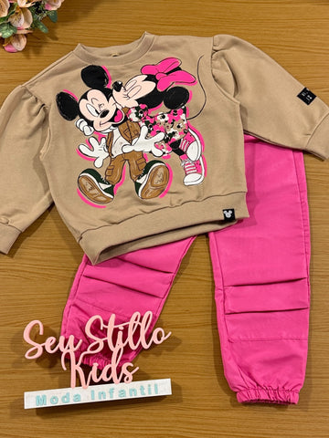 Conjunto Infantil Animê Inverno Calça Rosa e Casaco Minnie e Mickey Disney